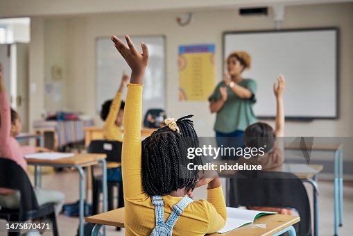 Preguntas, maestro o educación en la escuela con las manos levantadas para responder a la evaluación del idioma inglés. Aula, aprendizaje o tutor enseñando información resumida a un grupo inteligente e inteligente de niños Preguntas, maestro o educación en la escuela con las manos levantadas para responder a la evaluación del idioma inglés. Aula, aprendizaje o tutor enseñando información resumida a un grupo inteligente e inteligente de niños