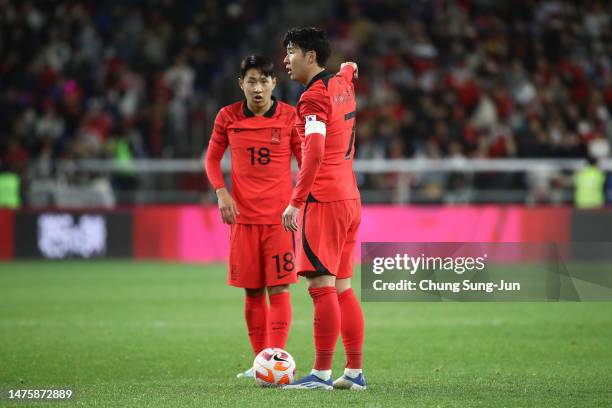 Lee Kang-in and Son Heung-min of South Korea during the international friendly match between South Korea and Colombia at Ulsan Munsu Football Stadium...