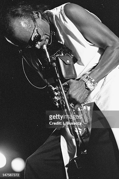 American musician Miles Davis performs in concert, New York, New York, circa 1985.
