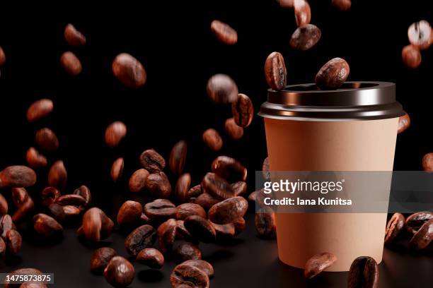 brown paper coffee cup and roasted coffee beans on black background. coffee to go. 3d pattern. - coffee maker stock pictures, royalty-free photos & images