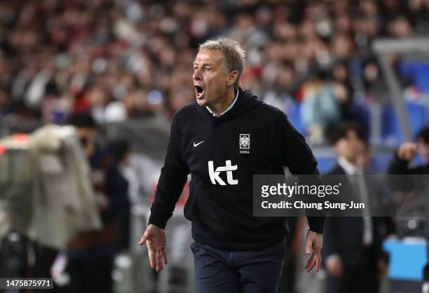 South Korea's new head coach Juergen Klinsmann looks on during the international friendly match between South Korea and Colombia at Ulsan Munsu...