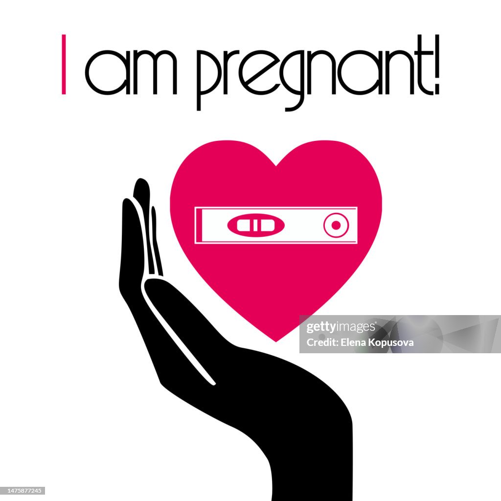 The concept of planning pregnancy and childbirth in a flat style. Hand with heart and a positive pregnancy test on isolated white background.
