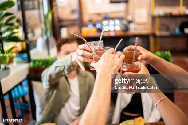 friends making a celebratory toast on a bar - soft drink stock pictures, royalty-free photos & images