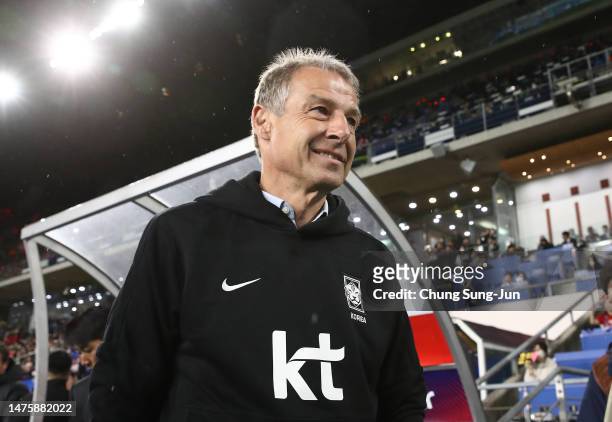 South Korea's new head coach Juergen Klinsmann looks on before the international friendly match between South Korea and Colombia at Ulsan Munsu...