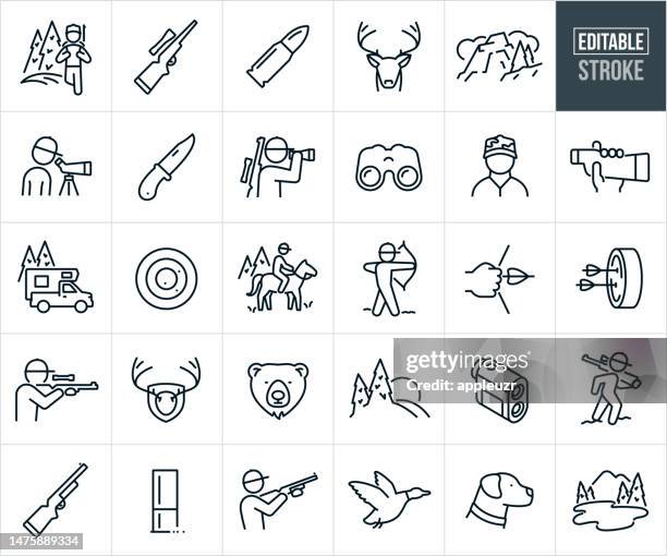 stockillustraties, clipart, cartoons en iconen met hunting big game and waterfowl thin line icons - editable stroke - deer