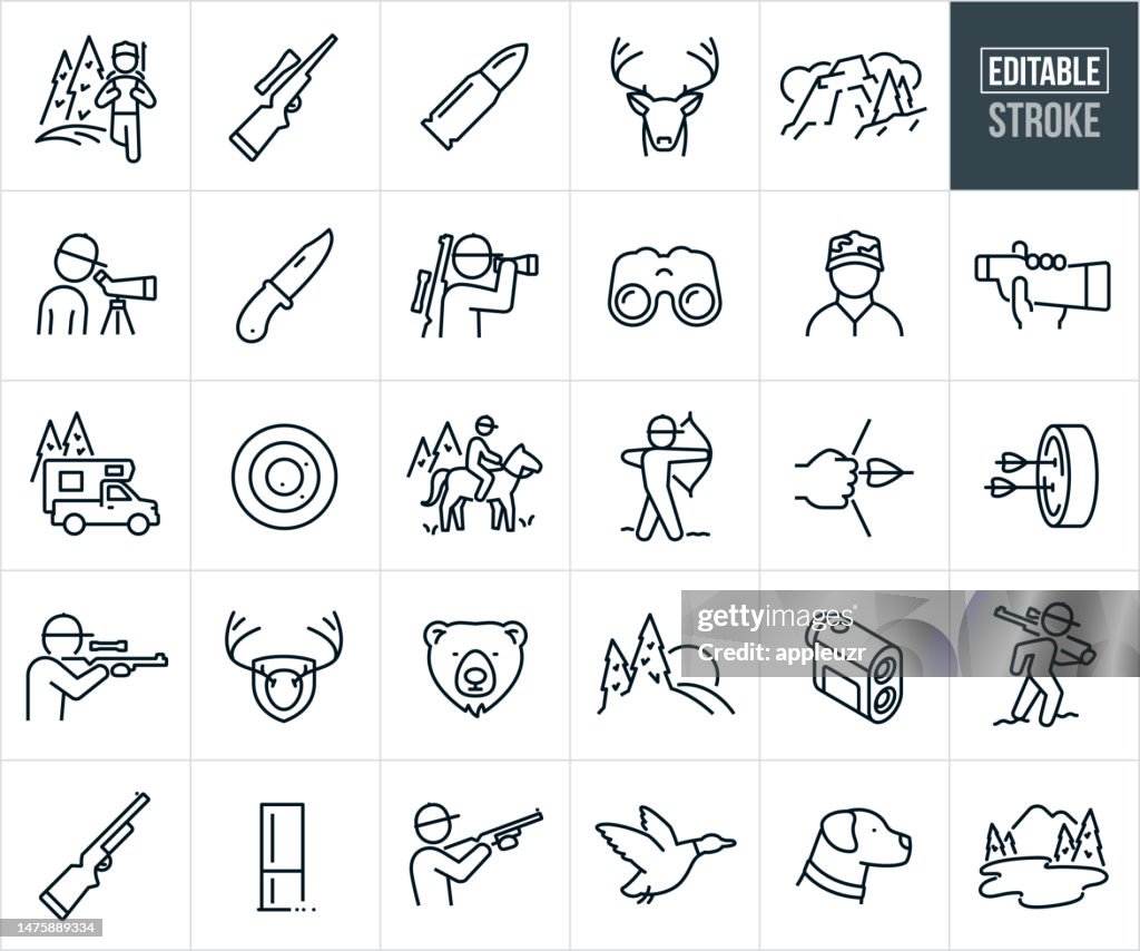 Hunting Big Game And Waterfowl Thin Line Icons - Editable Stroke