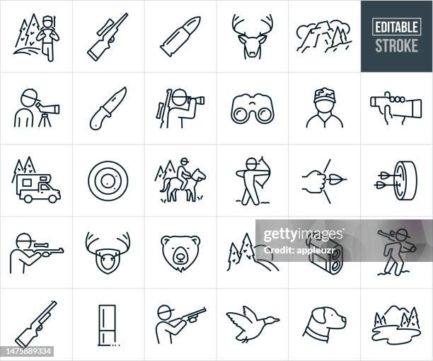 hunting big game and waterfowl thin line icons - editable stroke - mountain range icon stock illustrations