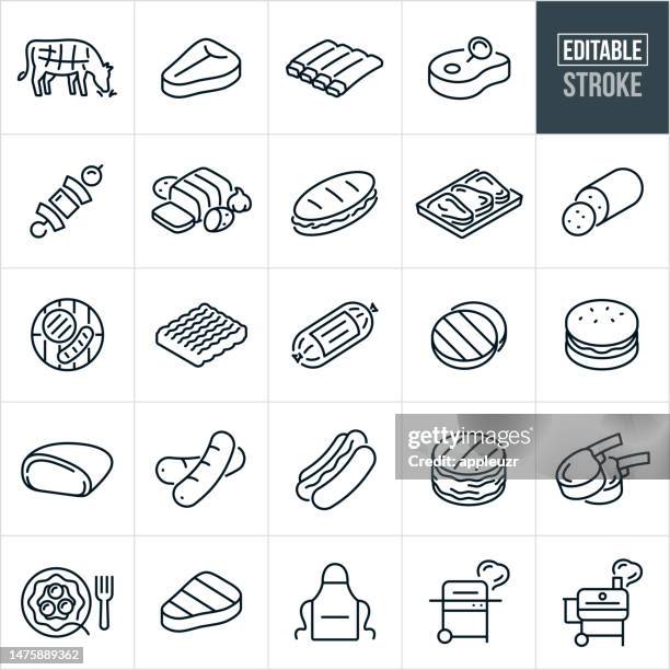 stockillustraties, clipart, cartoons en iconen met beef thin line icons - editable stroke - bbq sandwich