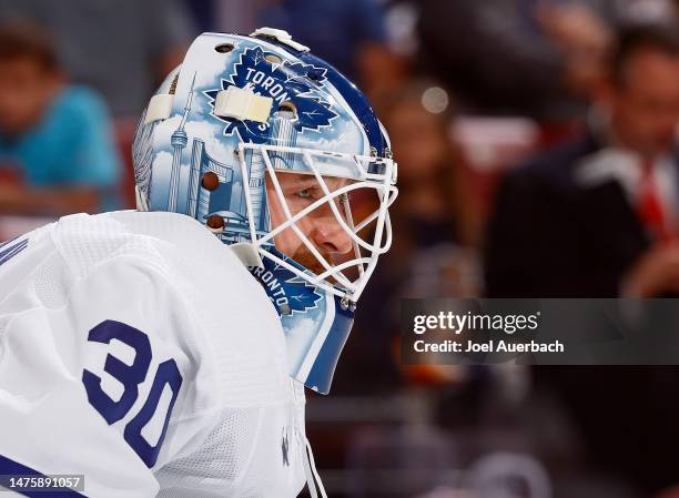 Goaltender Matt Murray of the Toronto Maple Leafs looks up ice during first period action against the Florida Panthers at the FLA Live Arena on March...