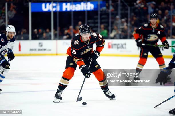 Troy Terry of the Anaheim Ducks in the second period at Honda Center on March 23, 2023 in Anaheim, California.