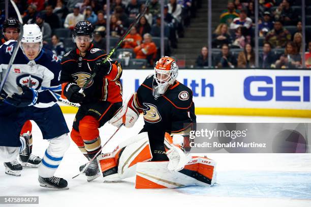Lukas Dostal of the Anaheim Ducks in the third period at Honda Center on March 23, 2023 in Anaheim, California.
