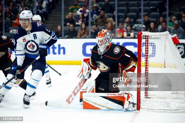 Lukas Dostal of the Anaheim Ducks in the third period at Honda Center on March 23, 2023 in Anaheim, California.