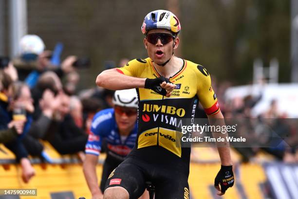 Wout Van Aert of Belgium and Team Jumbo-Visma celebrates at finish line as race winner during the 66th E3 Saxo Bank Classic - Harelbeke 2023 a...