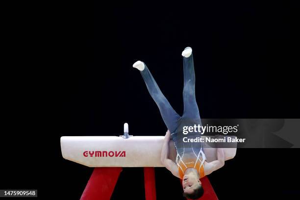 Ben Scourse of Valleys GA falls from the pommel during the Men's Artistic Under 14 competition during Day Two of the 2023 Artistic Gymnastics British...