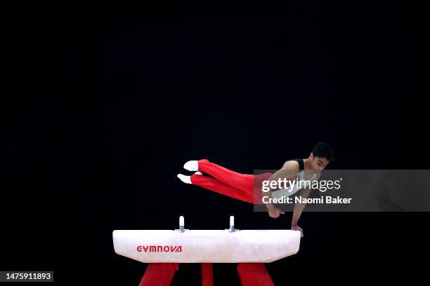 Elijah Ramirez of Harrow School competes on the pommel during Day Two of the 2023 Artistic Gymnastics British Championships at M&S Bank Arena on...