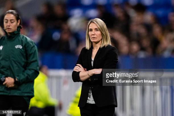 Olympique Lyon Head Coach Sonia Bompastor gestures during the UEFA Women's Champions League quarter-final 1st leg match between Olympique Lyonnais...