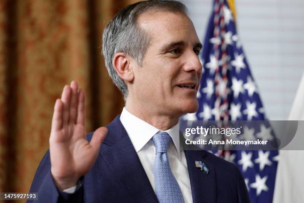 Eric Garcetti participates in a swearing in ceremony as Ambassador to India with U.S. Vice President Kamala Harris in the Eisenhower Executive Office...