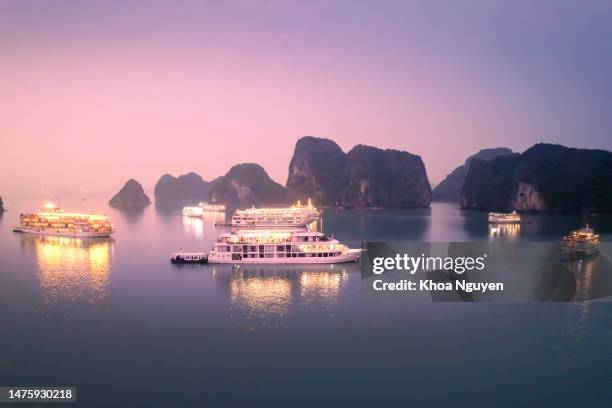 vista aerea del tramonto e dell'alba vicino all'isola rocciosa, alla baia di halong, al vietnam, al sud-est asiatico. patrimonio mondiale dell'unesco. crociera in barca spazzatura a ha long bay. - baia foto e immagini stock