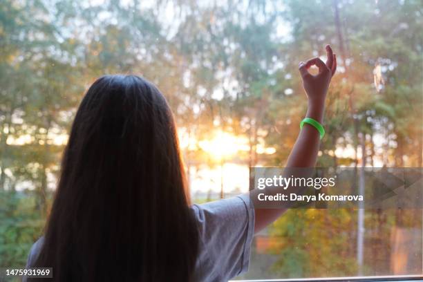 the girl from behind is watching the sunset in the forest and shows ok. beautiful nature lifestyle and cute girl with lens flare with copy space. - relaxed sunshine happy lens flare bildbanksfoton och bilder