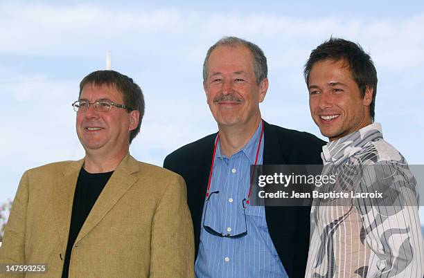 Remy GIRARD, Denys ARCAND & Stephane ROUSSEAU during 2003 Cannes Film Festival - "Les Invasions Barbares" Photocall at Palais des Festivals in...