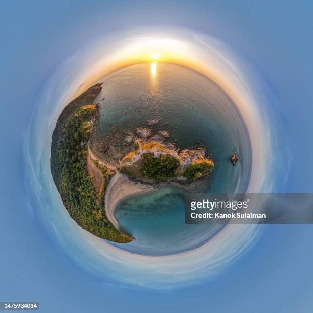 sunset with little planet earth effect from aerial - fish eye photos et images de collection