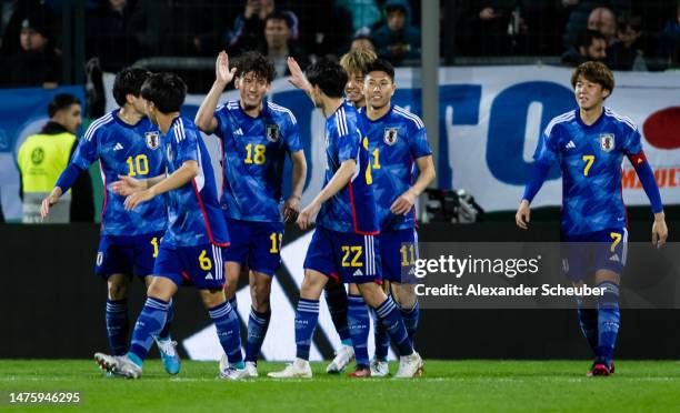 Hosoya Mao of Japan celebrates his side's second goal during the Under-21 friendly match between Germany and Japan at PSD Bank Arena on March 24,...