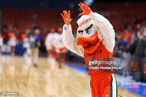 The Miami Hurricanes mascot reacts on the court before the game between the Miami Hurricanes and the Villanova Wildcats in the Sweet 16 round of the...