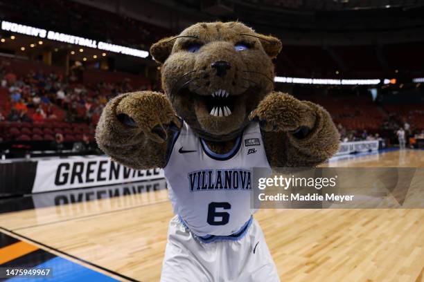 The Villanova Wildcats mascot reacts on the court before the game between the Miami Hurricanes and the Villanova Wildcats in the Sweet 16 round of...