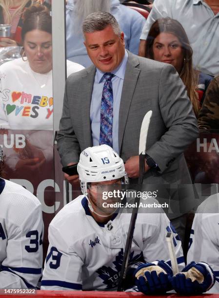 Head coach Sheldon Keefe of the Toronto Maple Leafs looks on during third period action against the Florida Panthers at the FLA Live Arena on March...