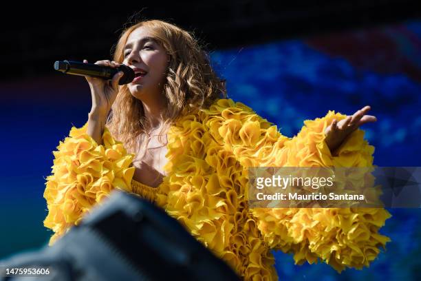 Ana Caetano of Anavitoria performs live on stage during day one of Lollapalooza Brazil at Autodromo de Interlagos on March 24, 2023 in Sao Paulo,...