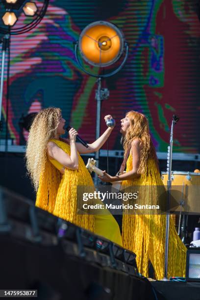 Ana Caetano and Vitoria Falcao of Anavitoria perform live on stage during day one of Lollapalooza Brazil at Autodromo de Interlagos on March 24, 2023...