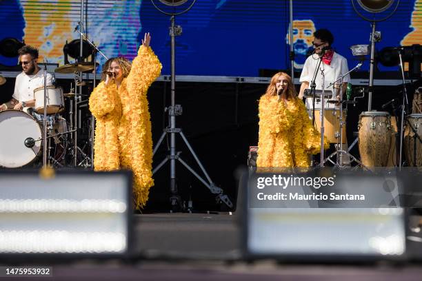 Ana Caetano and Vitoria Falcao of Anavitoria perform live on stage during day one of Lollapalooza Brazil at Autodromo de Interlagos on March 24, 2023...