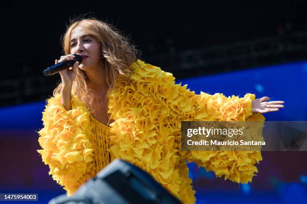 Ana Caetano of Anavitoria performs live on stage during day one of Lollapalooza Brazil at Autodromo de Interlagos on March 24, 2023 in Sao Paulo,...