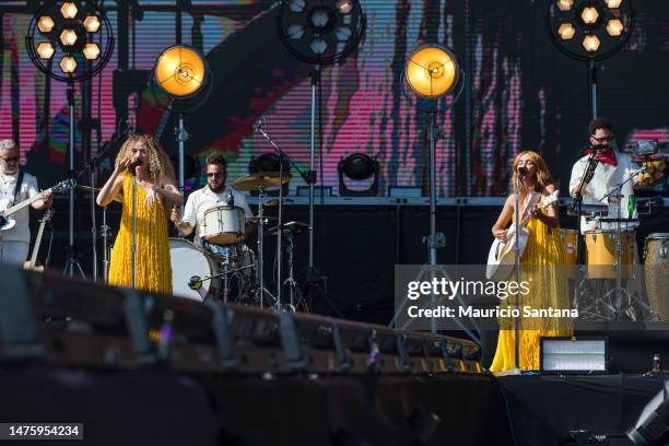 Ana Caetano and Vitoria Falcao of Anavitoria perform live on stage during day one of Lollapalooza Brazil at Autodromo de Interlagos on March 24, 2023...