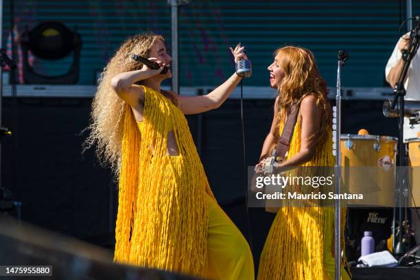 Ana Caetano and Vitoria Falcao of Anavitoria perform live on stage during day one of Lollapalooza Brazil at Autodromo de Interlagos on March 24, 2023...