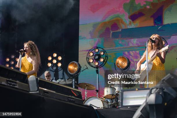 Ana Caetano and Vitoria Falcao of Anavitoria perform live on stage during day one of Lollapalooza Brazil at Autodromo de Interlagos on March 24, 2023...