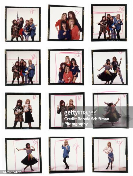 Rock band The Bangles poses together and individually in Los Angeles in the twelve images on this one proof sheet from 1987.