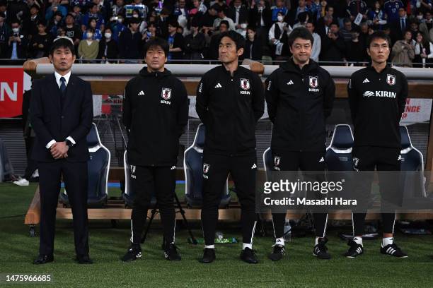 Coaches of Japan look on prior to the international friendly match between Japan and Uruguay at the National Stadium on March 24, 2023 in Tokyo,...