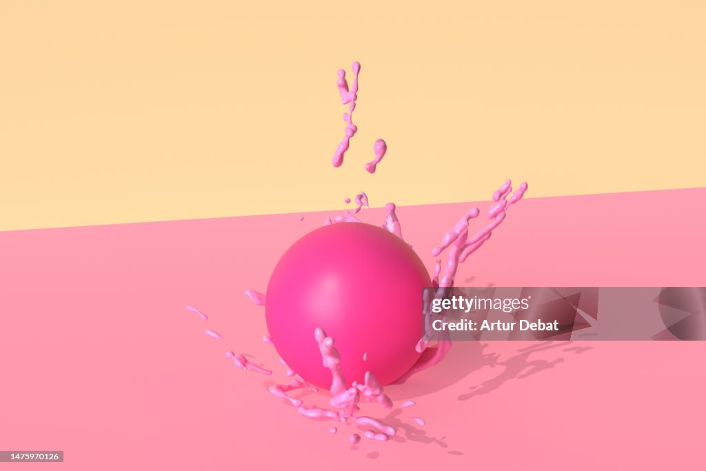 3D render of ball splashing the floor in studio set with drops frozen at the moment.