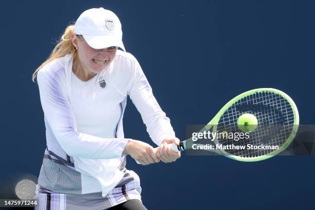 Aliaksandra Sasnovich of Russia returns a shot to Barbora Krejcikova of Czech Republic during the Miami Open at Hard Rock Stadium on March 24, 2023...