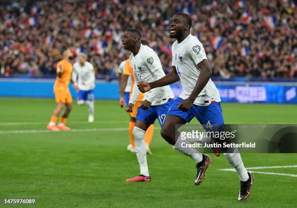 Dayot Upamecano of France celebrates after scoring the team's second goal during the UEFA EURO 2024 qualifying round group B match between France and...