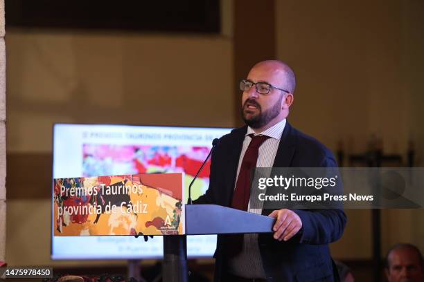 The mayor of El Puerto de Santa Maria, German Beardo speaks in the ceremony of the II edition of the Premios Taurinos Provincia de Cadiz, on March...