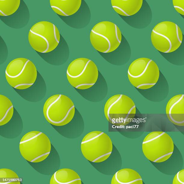 ilustraciones, imágenes clip art, dibujos animados e iconos de stock de patrón sin costuras de pelotas de tenis. ilustración vectorial. - tennis ball