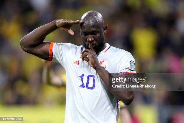 Romelu Lukaku of Belgium celebrates after scoring the team's first goal during the UEFA EURO 2024 qualifying round group F match between Sweden and...