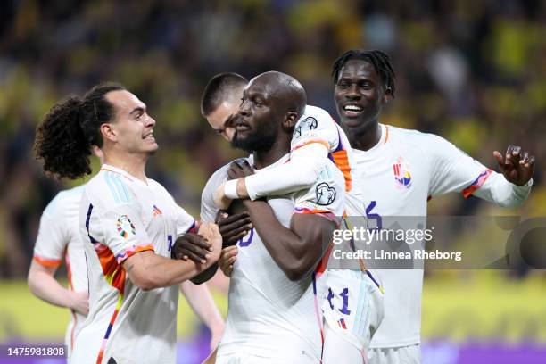 Romelu Lukaku of Belgium celebrates with teammates after scoring the team's first goal during the UEFA EURO 2024 qualifying round group F match...