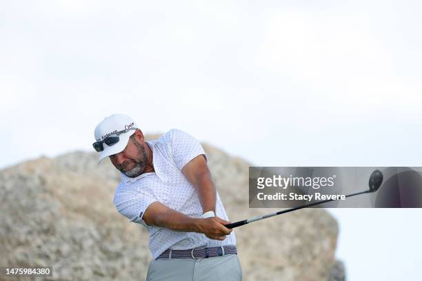 Erik Compton of the United States plays his shot from the eighth tee during the second round of the Corales Puntacana Championship at Puntacana...