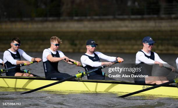 Members of the Oxford University Men's Team are seen on the water during Tideway Week ahead of The Gemini Boat Race 2023 on March 23, 2023 in London,...