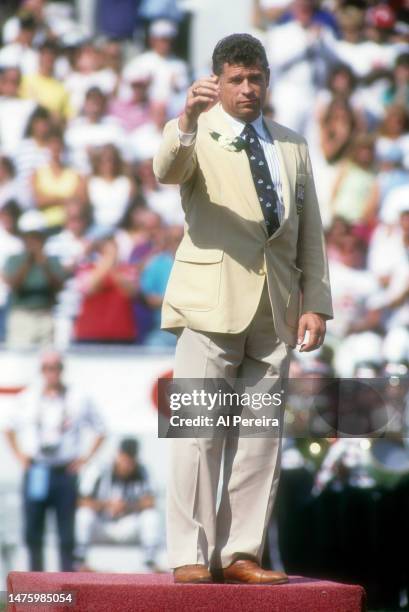 Running Back John Riggins is inducted into the Pro Football Hall of Fame at Fawcett Stadium on August 1, 1992 in Canton, Ohio.