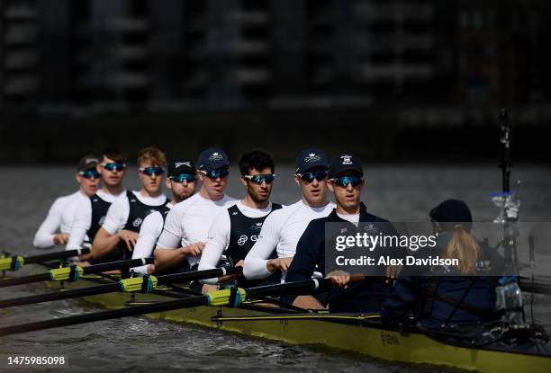 Members of the Oxford University Men's Team are seen on the water during Tideway Week ahead of The Gemini Boat Race 2023 on March 23, 2023 in London,...