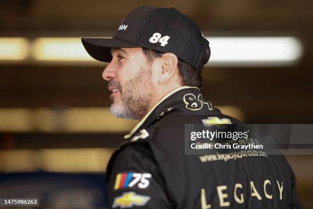 Jimmie Johnson, driver of the Club Wyndham Chevrolet, looks on in the garage area during practice for the NASCAR Cup Series EchoPark Automotive Grand...